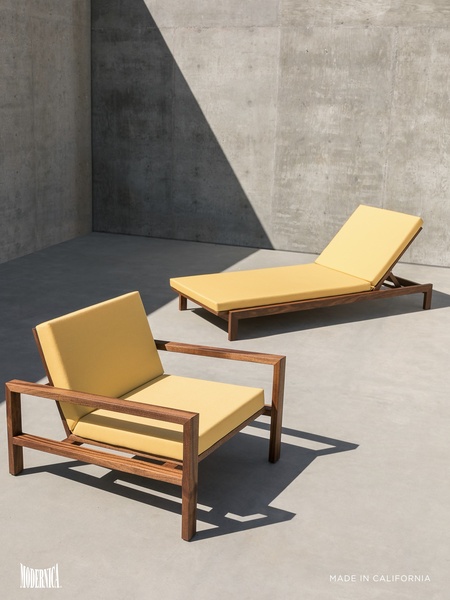outdoor lounge chair, sun lounger, patio furniture, wooden garden chair, terrace seating, pool lounge chair, brand awareness, minimalist, editorial, calm, luxurious, yellow, brown, neutral